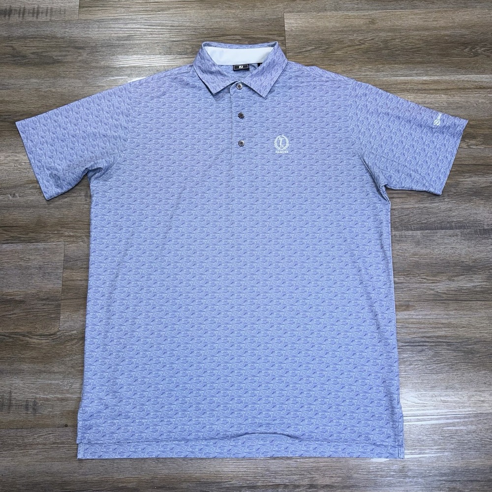 FootJoy Purple Performance Polo Shirt Mens L Golf Course Doodle Print Crest Logo
